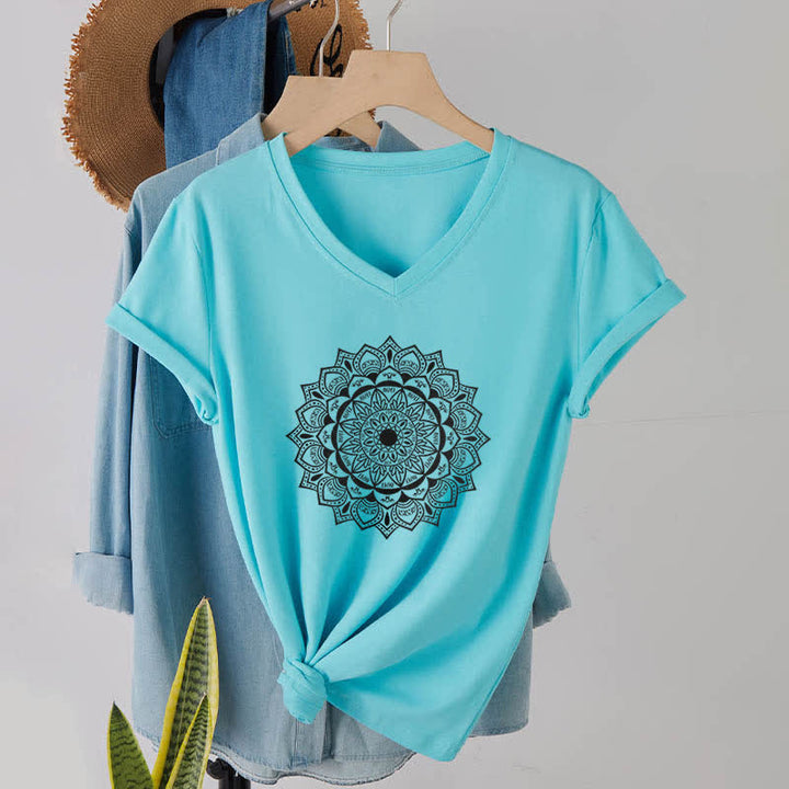 T-shirt con scollo a V Olivenorma Mandala Lotus Boho Flower Yoga - Lago Blu - 2XL - image 23