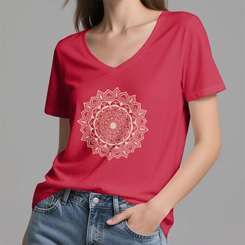 T-shirt con scollo a V Olivenorma Mandala Lotus Boho Flower Yoga - image 14