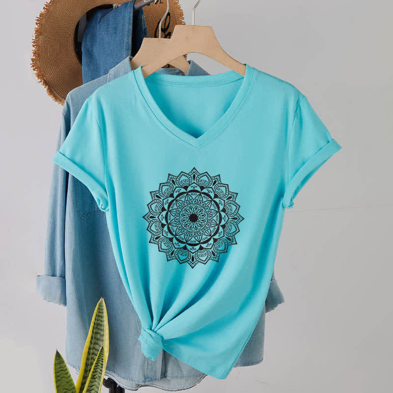 T-shirt con scollo a V Olivenorma Mandala Lotus Boho Flower Yoga - Lago Blu - 2XL - image 22