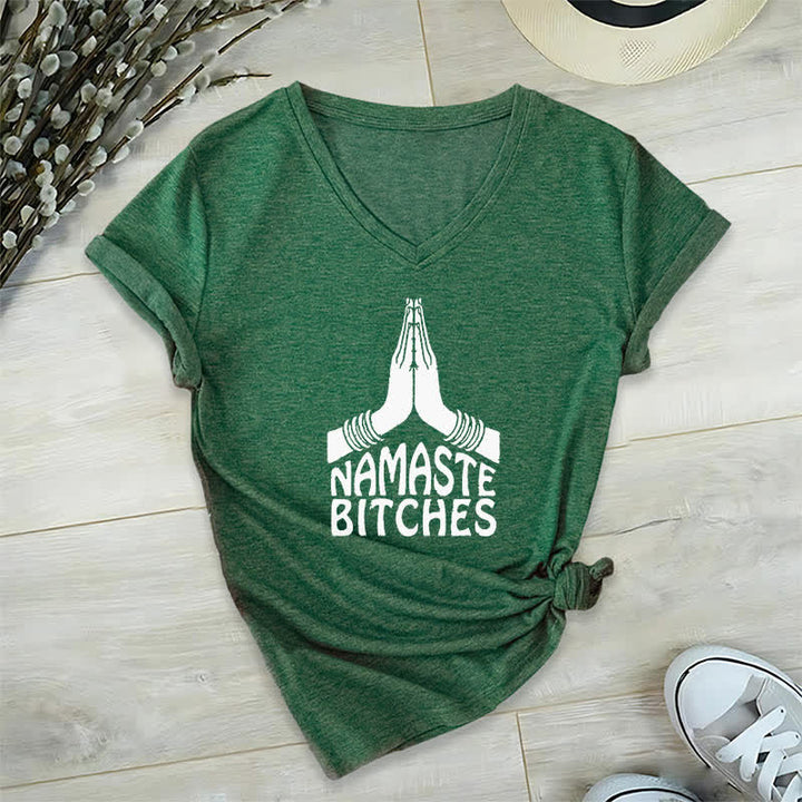 Olivenorma Maglietta divertente con scollo a V e scritta Namaste Meditazione Yoga - Verde scuro - 2XL - image 6