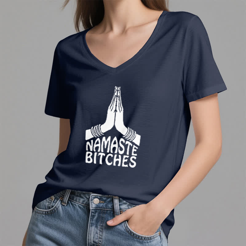 Olivenorma Maglietta divertente con scollo a V e scritta Namaste Meditazione Yoga - image 4