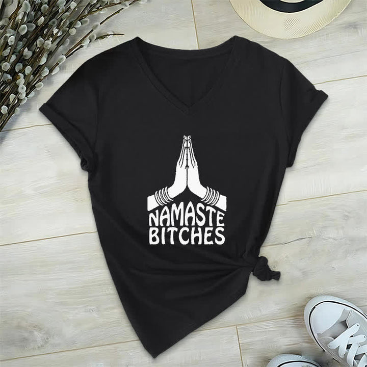 Olivenorma Maglietta divertente con scollo a V e scritta Namaste Meditazione Yoga - Nero - 2XL - image 11