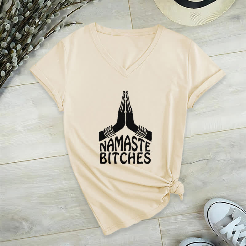 Olivenorma Maglietta divertente con scollo a V e scritta Namaste Meditazione Yoga - Cachi - 2XL - image 22