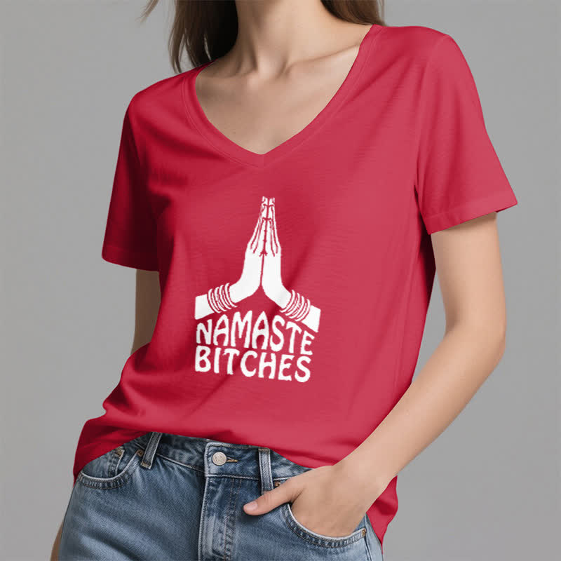 Olivenorma Maglietta divertente con scollo a V e scritta Namaste Meditazione Yoga - image 14