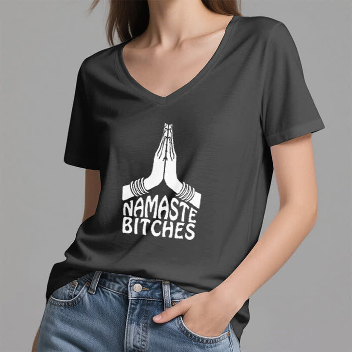 Olivenorma Maglietta divertente con scollo a V e scritta Namaste Meditazione Yoga - image 10