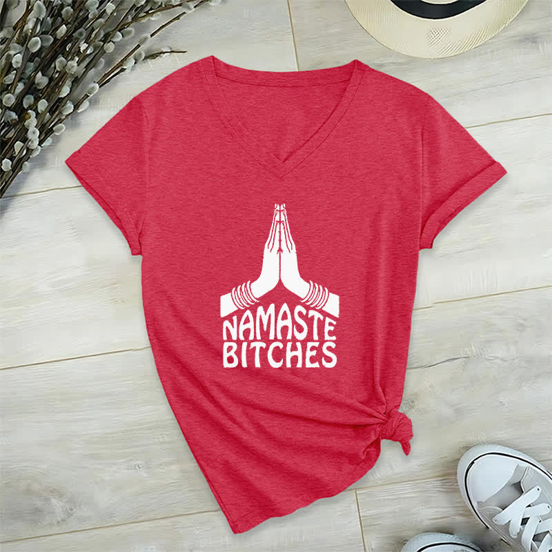 Olivenorma Maglietta divertente con scollo a V e scritta Namaste Meditazione Yoga - Rosso - 2XL - image 13