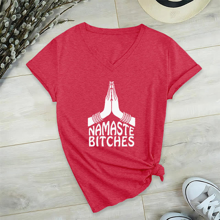 Olivenorma Maglietta divertente con scollo a V e scritta Namaste Meditazione Yoga - Rosso - 2XL - image 13