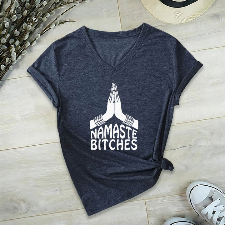 Olivenorma Maglietta divertente con scollo a V e scritta Namaste Meditazione Yoga - Blu navy - 2XL - image 3
