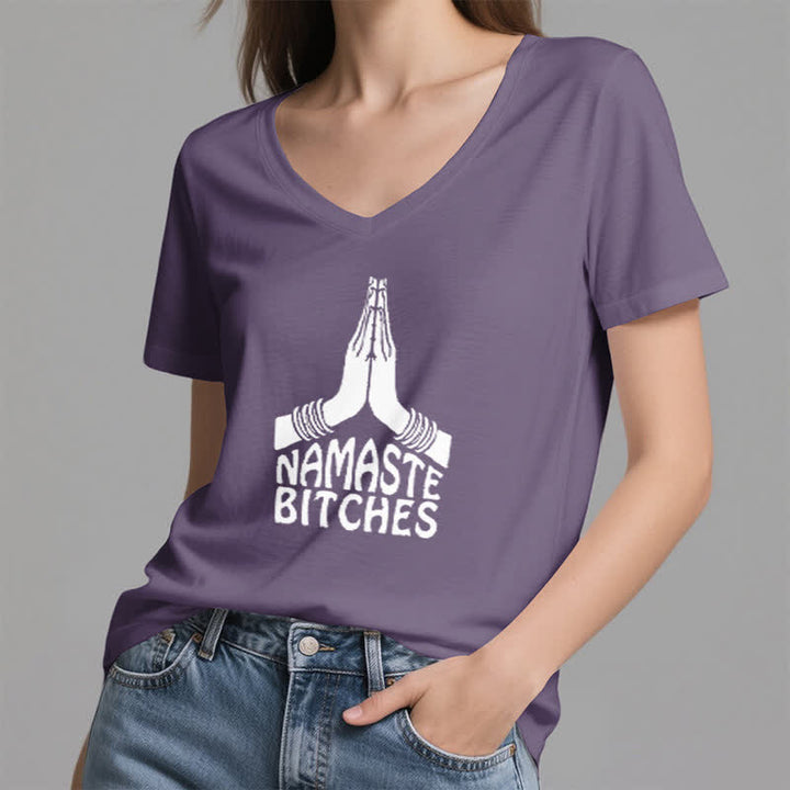 Olivenorma Maglietta divertente con scollo a V e scritta Namaste Meditazione Yoga - image 26