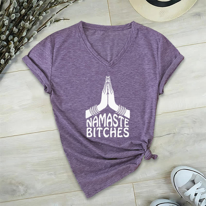 Olivenorma Maglietta divertente con scollo a V e scritta Namaste Meditazione Yoga - Viola - 2XL - image 25