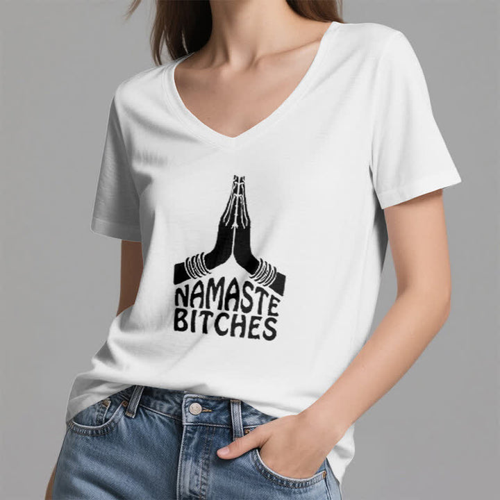 Olivenorma Maglietta divertente con scollo a V e scritta Namaste Meditazione Yoga - image 1