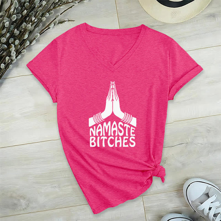 Olivenorma Maglietta divertente con scollo a V e scritta Namaste Meditazione Yoga - Rosa rossa - 2XL - image 19