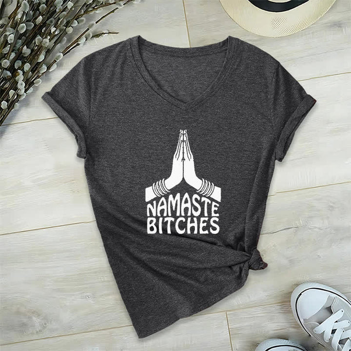 Olivenorma Maglietta divertente con scollo a V e scritta Namaste Meditazione Yoga - Grigio - 2XL - image 10