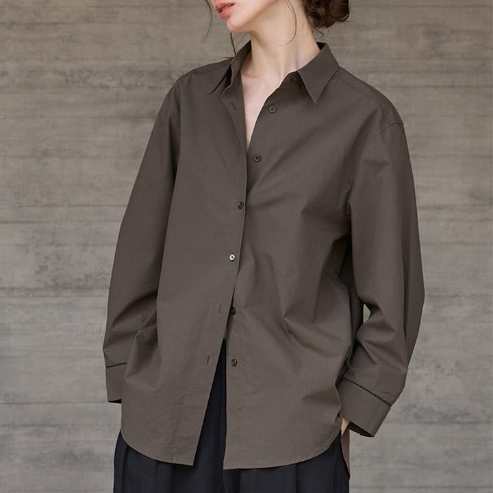 Olivenorma - Camicia da donna in cotone con colletto oversize e maniche lunghe con bottoni - Caffè - L - image 0