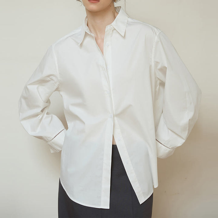 Olivenorma - Camicia da donna in cotone con colletto oversize e maniche lunghe con bottoni - Bianco - L - image 5