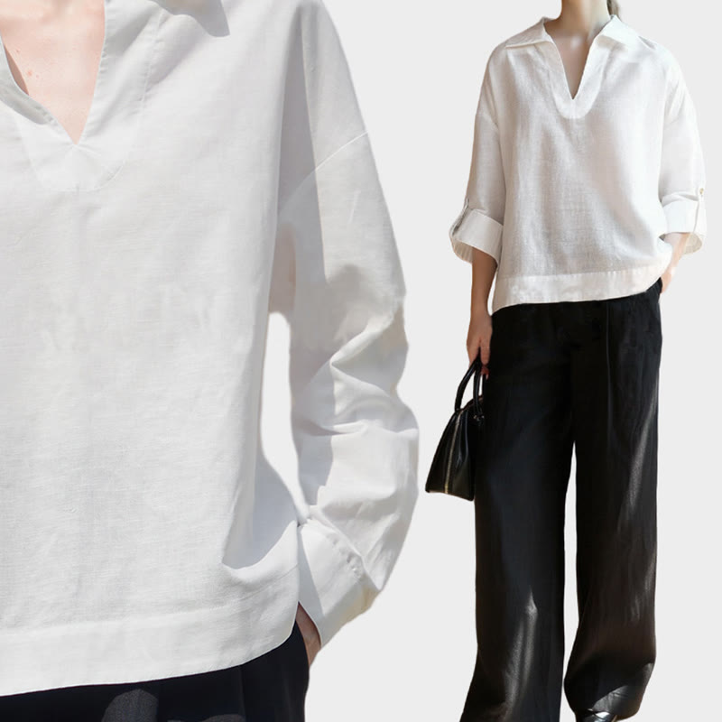 Olivenorma Camicia da donna in lino con maniche arrotolabili e scollo a V, bianca e tinta unita - image 6