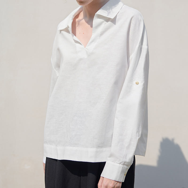 Olivenorma Camicia da donna in lino con maniche arrotolabili e scollo a V, bianca e tinta unita - image 2