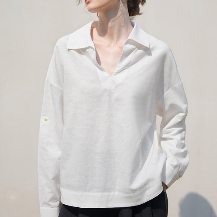 Olivenorma Camicia da donna in lino con maniche arrotolabili e scollo a V, bianca e tinta unita - L - image 0