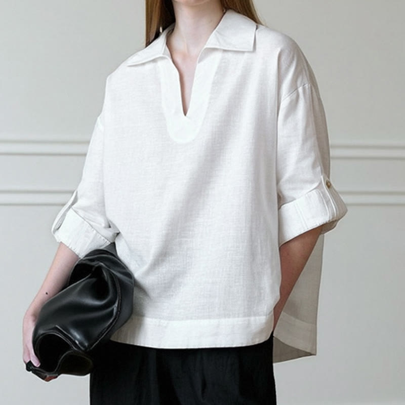 Olivenorma Camicia da donna in lino con maniche arrotolabili e scollo a V, bianca e tinta unita - image 5