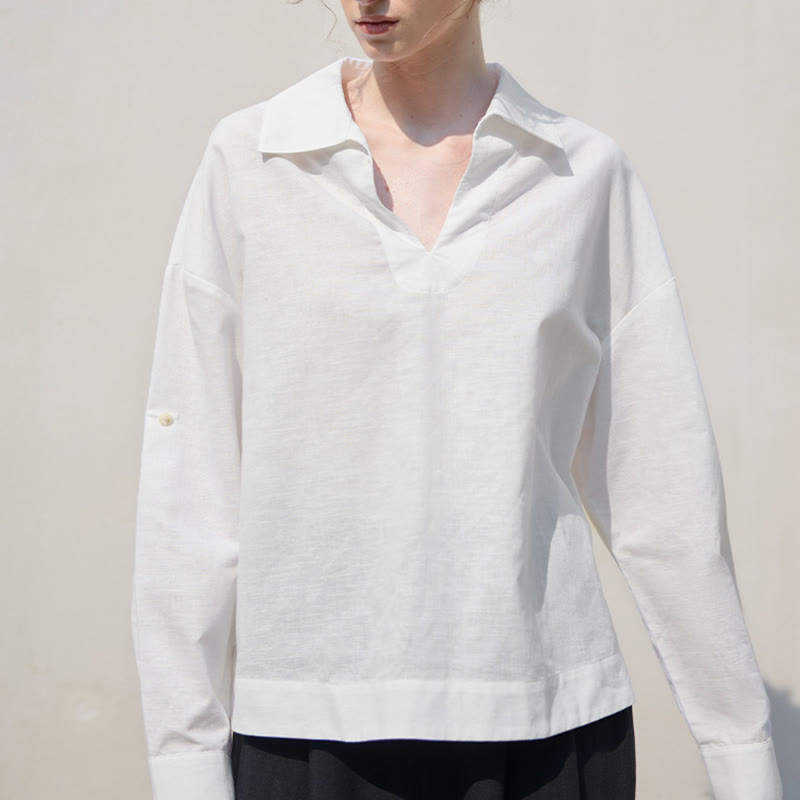 Olivenorma Camicia da donna in lino con maniche arrotolabili e scollo a V, bianca e tinta unita - image 1