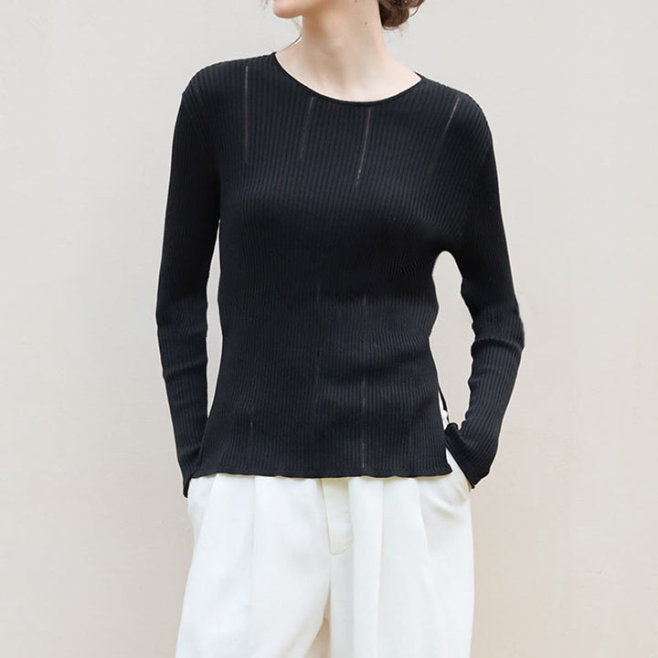 Olivenorma Maglietta a maniche lunghe con spacchi in maglia a coste, felpa da donna - image 3