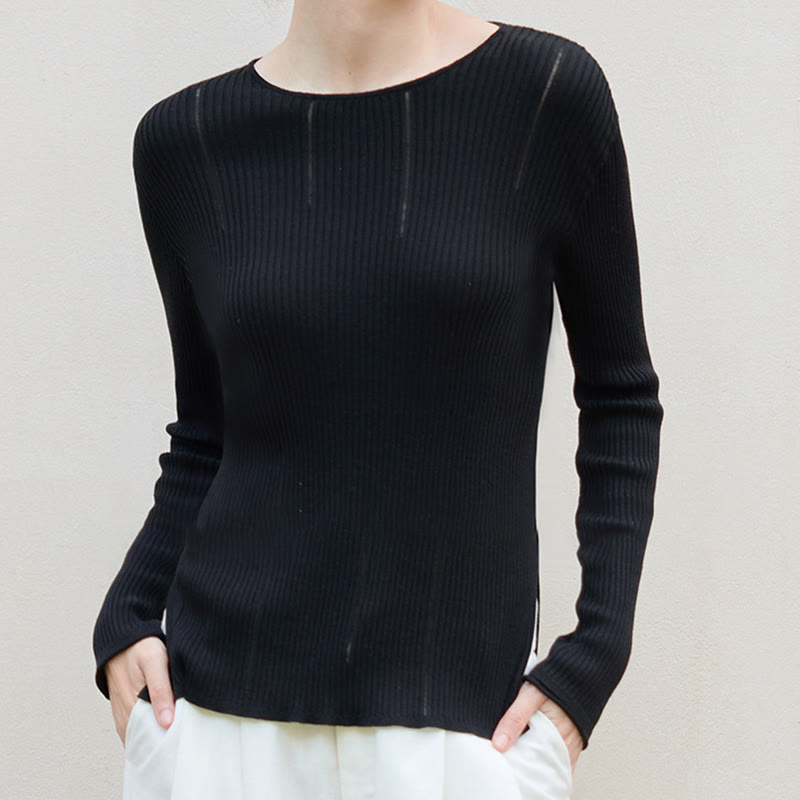 Olivenorma Maglietta a maniche lunghe con spacchi in maglia a coste, felpa da donna - image 1