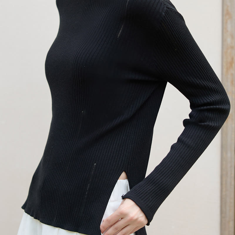 Olivenorma Maglietta a maniche lunghe con spacchi in maglia a coste, felpa da donna - image 4