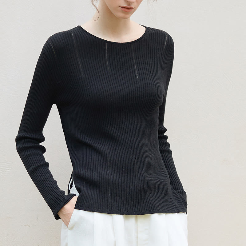 Olivenorma Maglietta a maniche lunghe con spacchi in maglia a coste, felpa da donna - Nero - Taglia unica per tutti - image 0