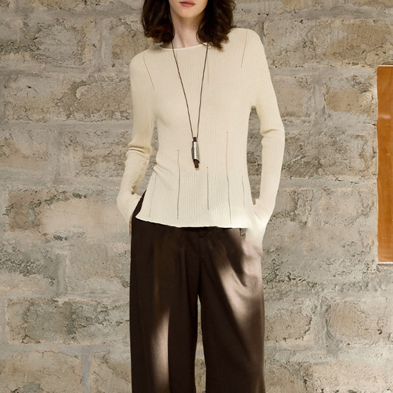 Olivenorma Maglietta a maniche lunghe con spacchi in maglia a coste, felpa da donna - image 10