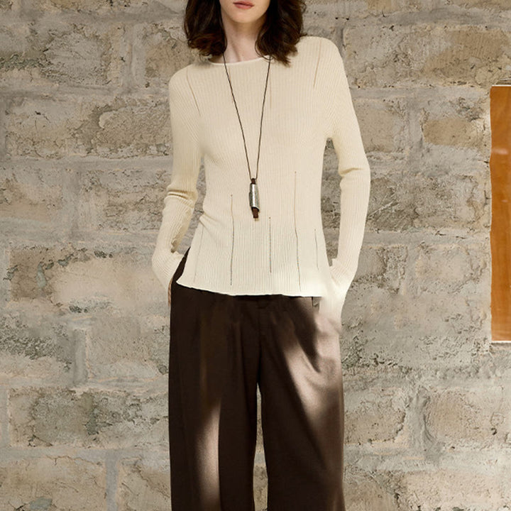 Olivenorma Maglietta a maniche lunghe con spacchi in maglia a coste, felpa da donna - image 10