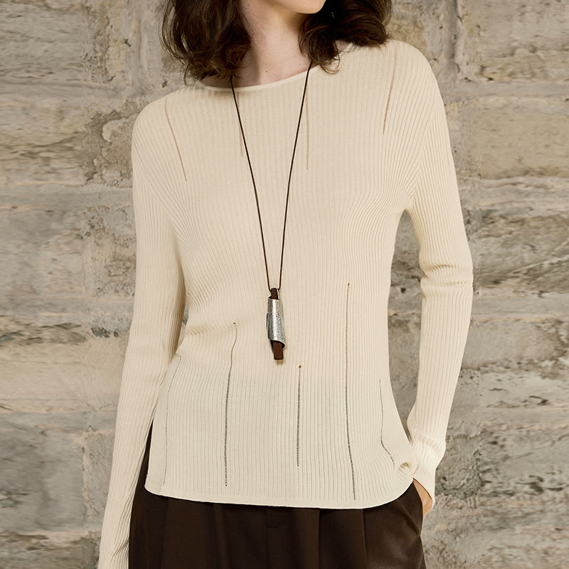 Olivenorma Maglietta a maniche lunghe con spacchi in maglia a coste, felpa da donna - Beige - Taglia unica per tutti - image 5