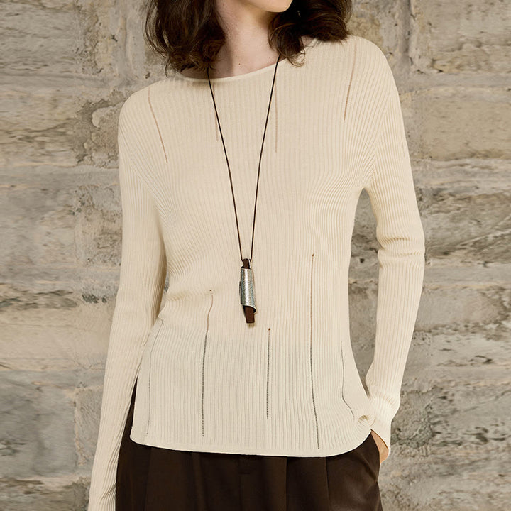 Olivenorma Maglietta a maniche lunghe con spacchi in maglia a coste, felpa da donna - Beige - Taglia unica per tutti - image 5