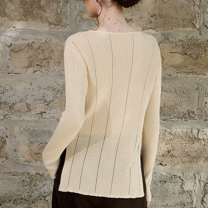 Olivenorma Maglietta a maniche lunghe con spacchi in maglia a coste, felpa da donna - image 6