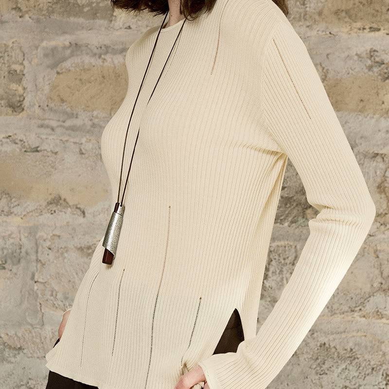 Olivenorma Maglietta a maniche lunghe con spacchi in maglia a coste, felpa da donna - image 7