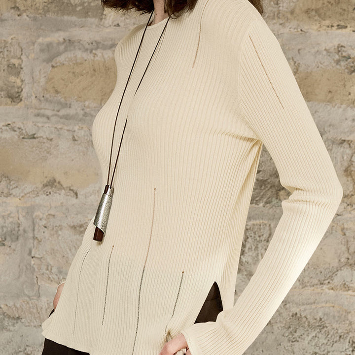 Olivenorma Maglietta a maniche lunghe con spacchi in maglia a coste, felpa da donna - image 7