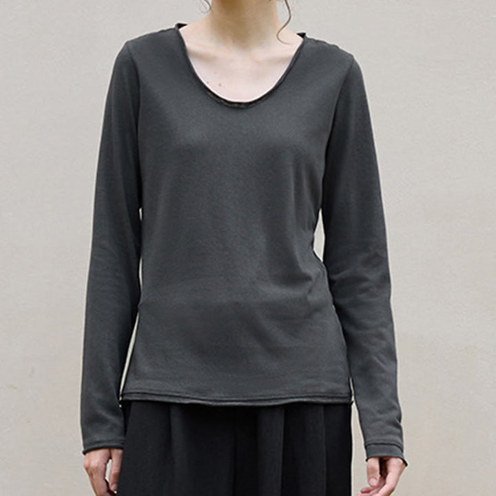 Olivenorma Felpa da donna a maniche lunghe arrotolate con colletto a forma di U in tinta unita - image 11