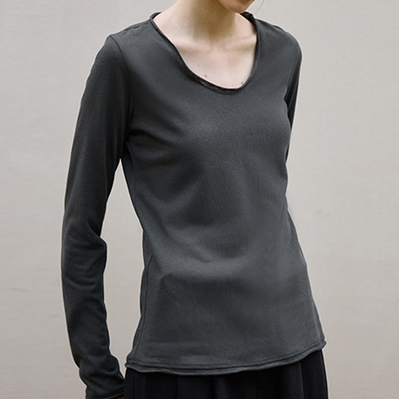 Olivenorma Felpa da donna a maniche lunghe arrotolate con colletto a forma di U in tinta unita - Grigio - L - image 9