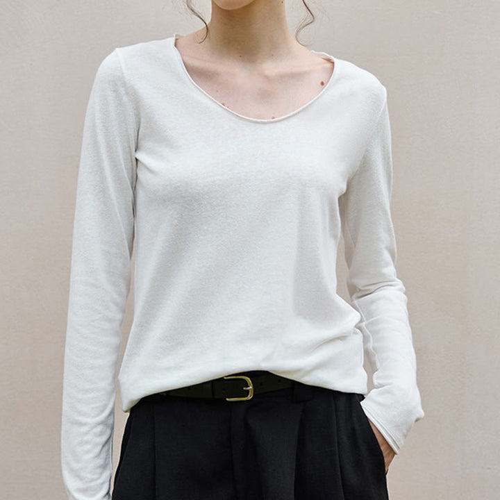 Olivenorma Felpa da donna a maniche lunghe arrotolate con colletto a forma di U in tinta unita - Bianco - L - image 0