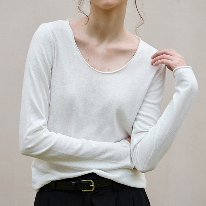 Olivenorma Felpa da donna a maniche lunghe arrotolate con colletto a forma di U in tinta unita - image 4