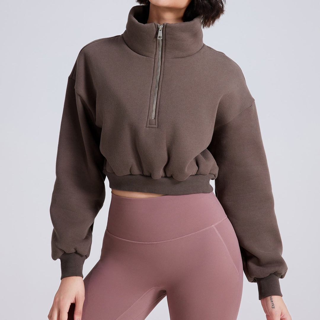 Olivenorma Hip Zip Yoga Tops Felpa oversize in pile corto - Caffè - L - image 13