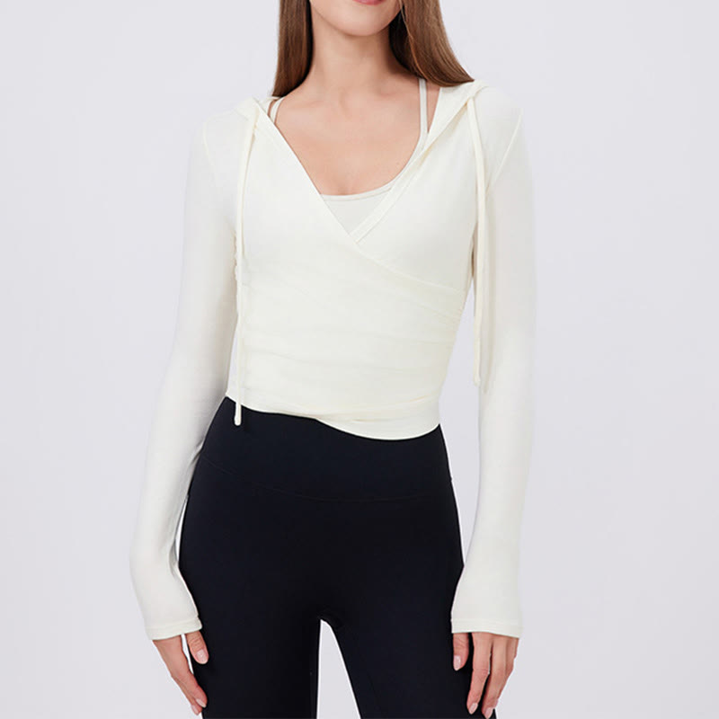 Olivenorma Top corti a maniche lunghe, traspiranti, con cappuccio per allenamento e yoga - Bianco - XL - image 13