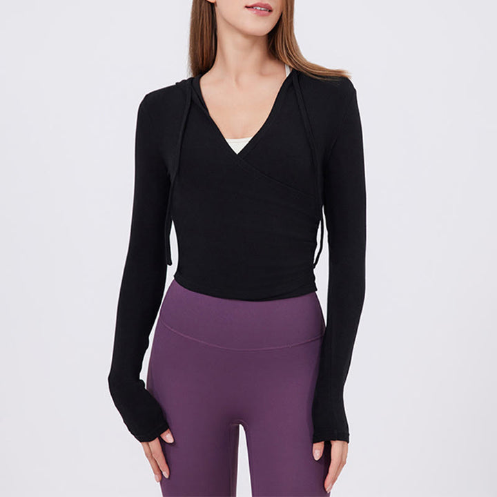 Olivenorma Top corti a maniche lunghe, traspiranti, con cappuccio per allenamento e yoga - image 10