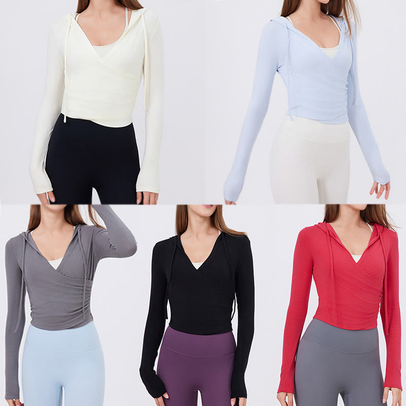 Olivenorma Top corti a maniche lunghe, traspiranti, con cappuccio per allenamento e yoga - image 14
