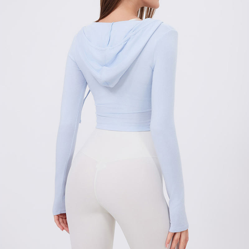 Olivenorma Top corti a maniche lunghe, traspiranti, con cappuccio per allenamento e yoga - image 4