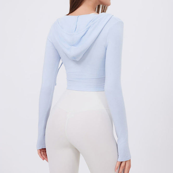 Olivenorma Top corti a maniche lunghe, traspiranti, con cappuccio per allenamento e yoga - image 4