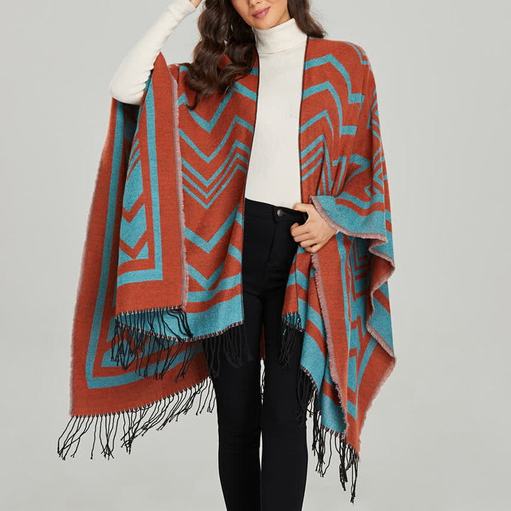 Olivenorma Boho Patchwork Cardigan Aperto Davanti Scialle - Rosso e blu geometrico - 135x155cm - image 7