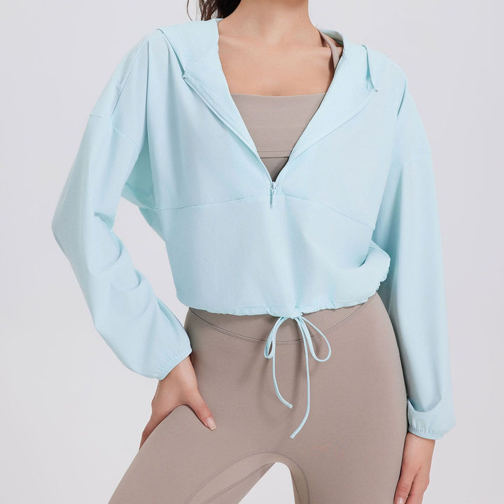 Olivenorma - Felpa con cappuccio sportiva con cerniera e protezione solare da donna, ideale per yoga e allenamento - Blu - XL - image 7