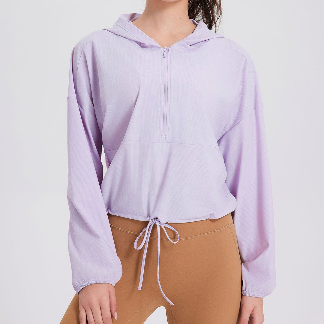 Olivenorma - Felpa con cappuccio sportiva con cerniera e protezione solare da donna, ideale per yoga e allenamento - Viola - XL - image 15