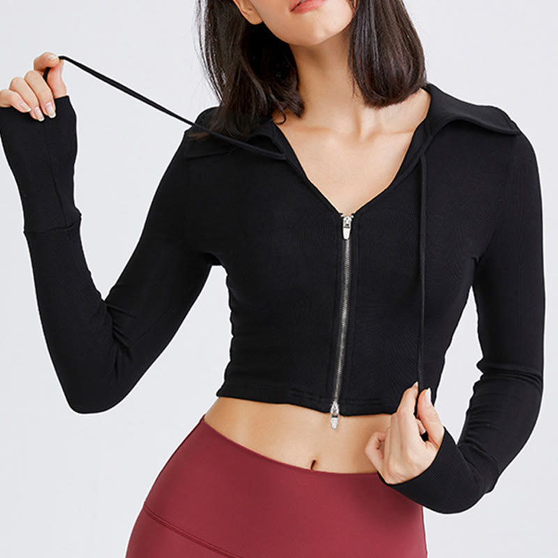 Olivenorma Giacca da yoga leggera con cerniera e cappuccio sportivo corto da donna - Nero - L - image 7