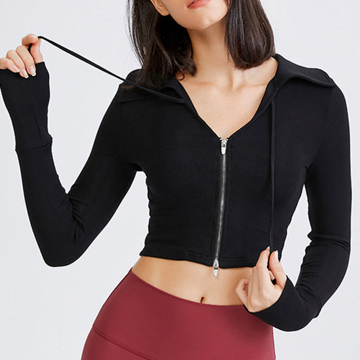 Olivenorma Giacca da yoga leggera con cerniera e cappuccio sportivo corto da donna - Nero - L - image 7